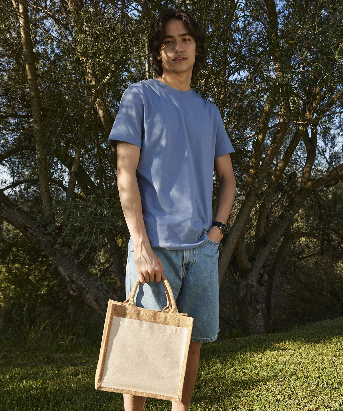Westford Mill Cotton pocket jute midi tote in Natural, lifestyle photo