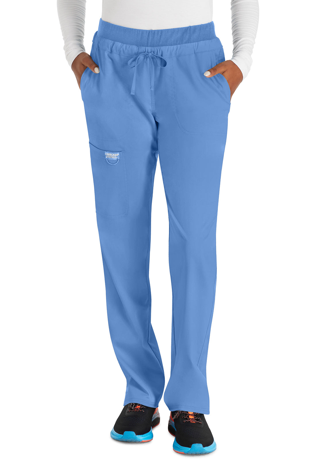 Cherokee WWE105 Mid Rise Tapered Leg Drawstring Pant - Ciel Blue (front)