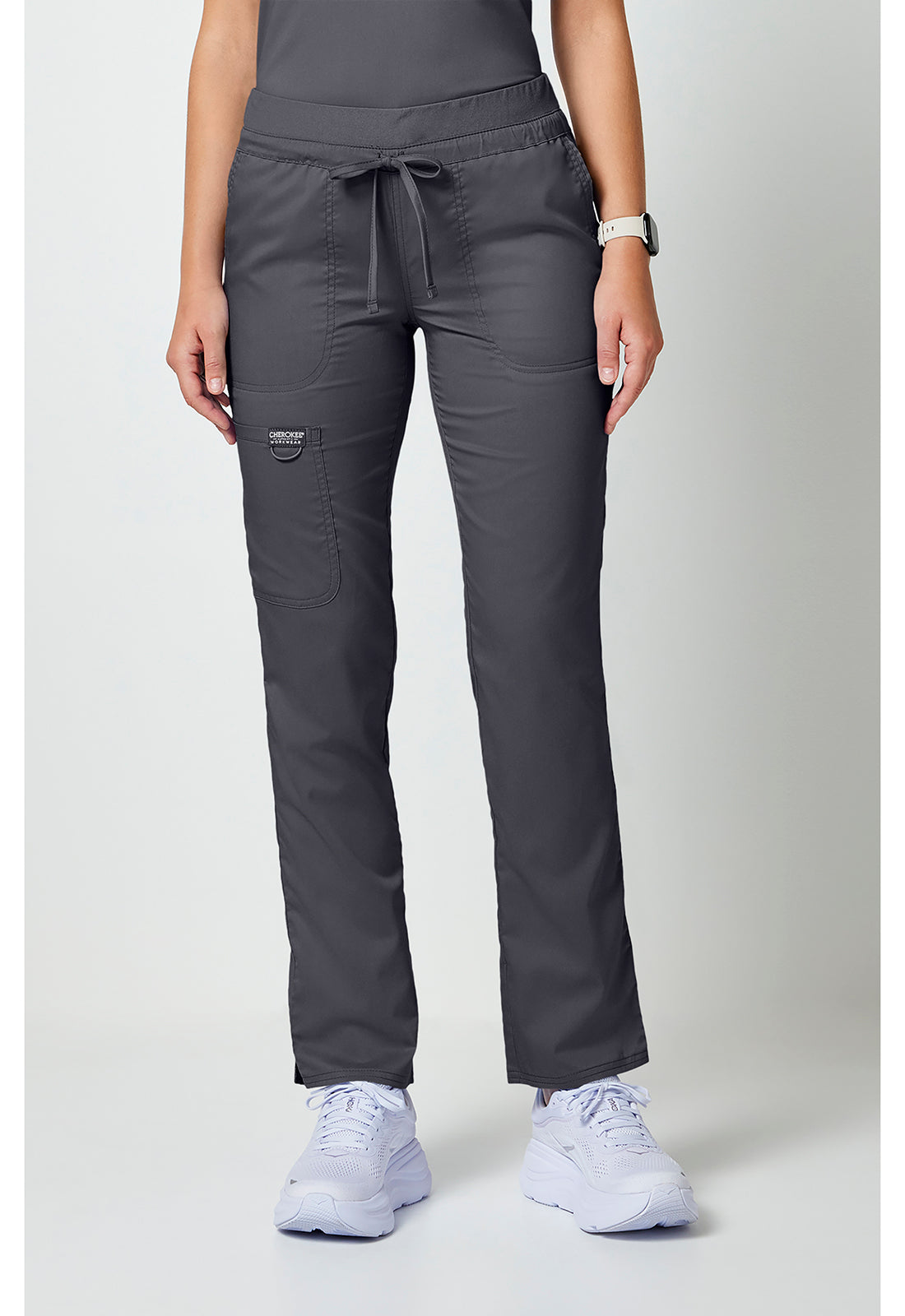 Cherokee WWE105 Mid Rise Tapered Leg Drawstring Pant - Pewter (front)