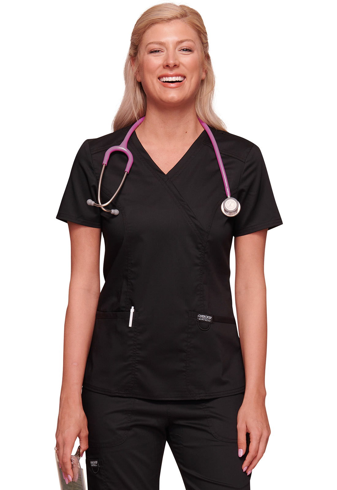 Cherokee WWE4728 Mock Wrap Top - Black (front)