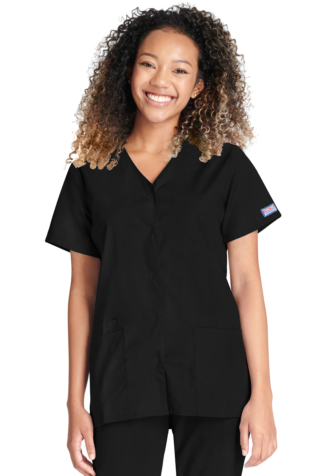 Cherokee WWE4770 Snap Front V-Neck Top - Black (front)