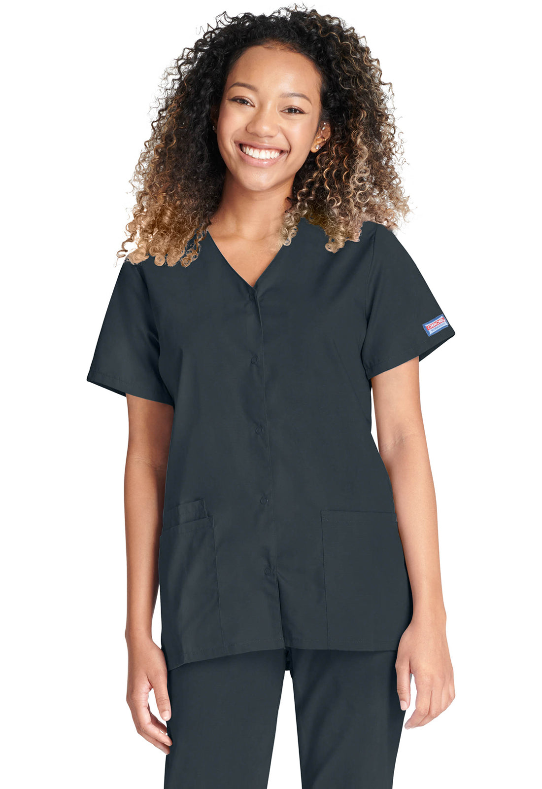 Cherokee WWE4770 Snap Front V-Neck Top - Pewter (front)