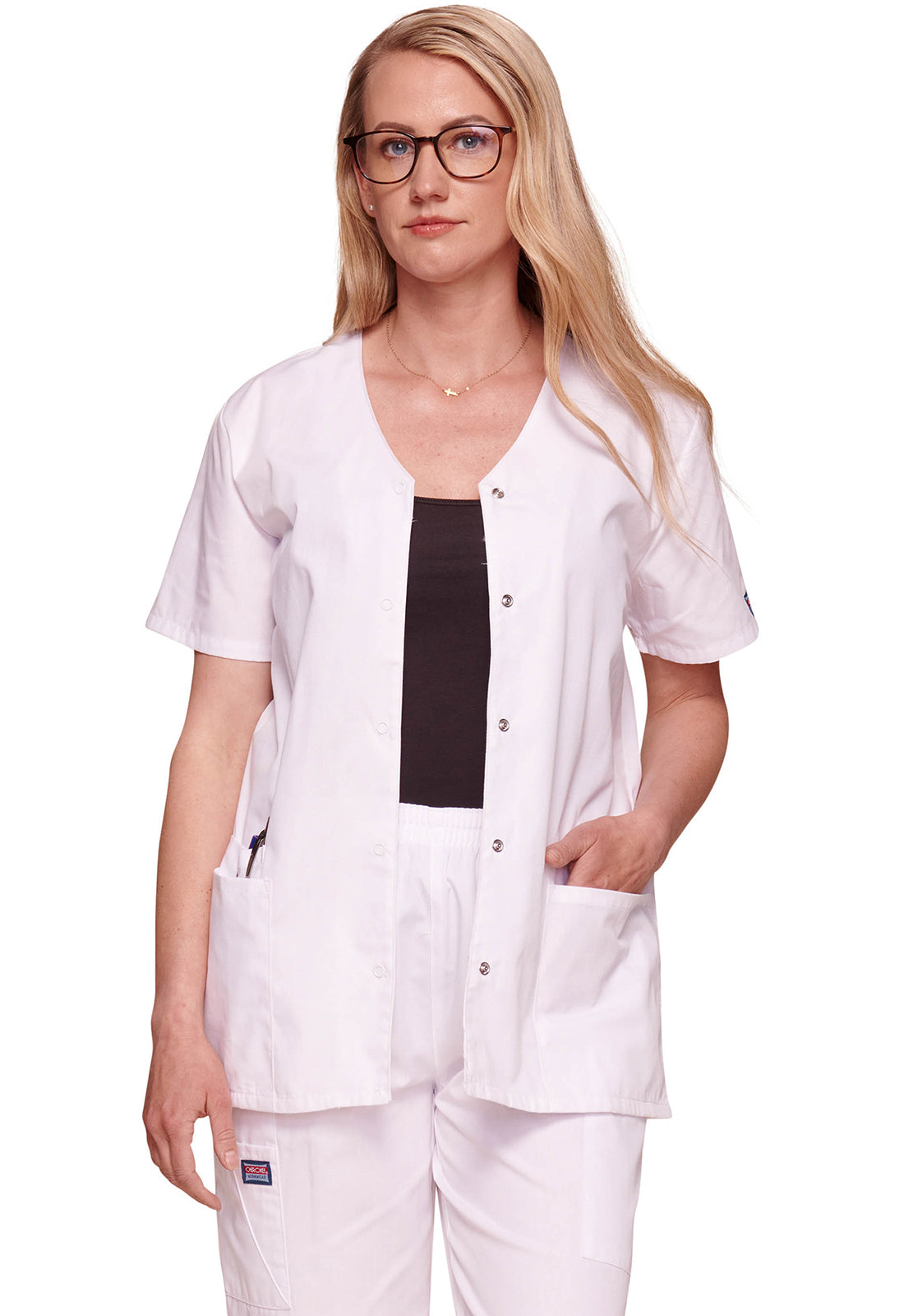 Cherokee WWE4770 Snap Front V-Neck Top - White (front)