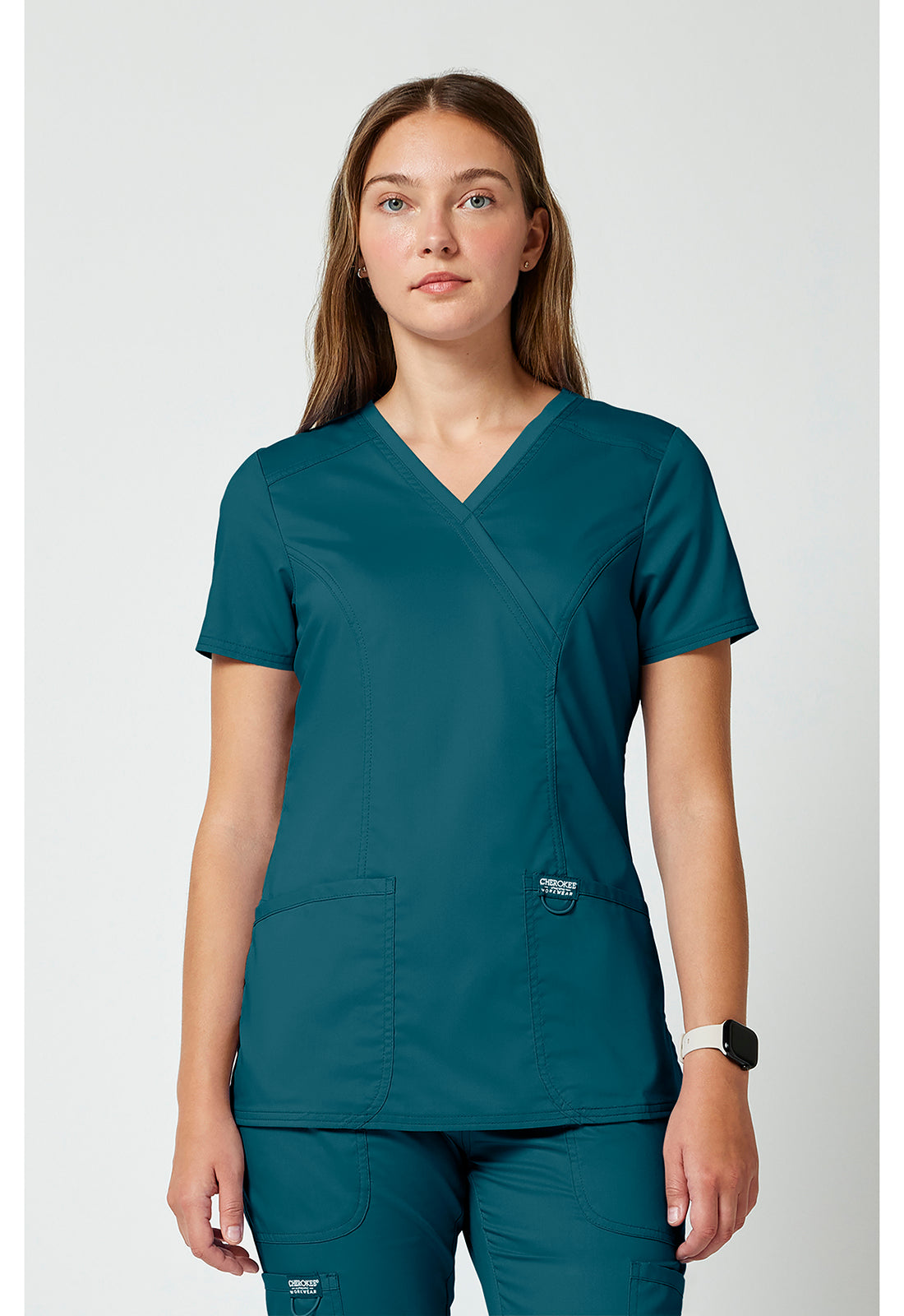 Cherokee WWE610 Mock Wrap Top - Caribbean Blue (front)