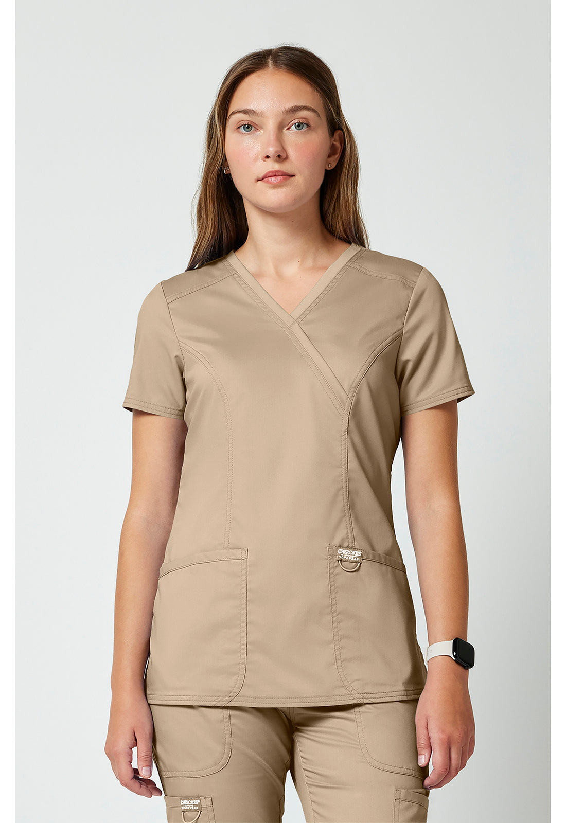 Cherokee WWE610 Mock Wrap Top - Khaki (front)