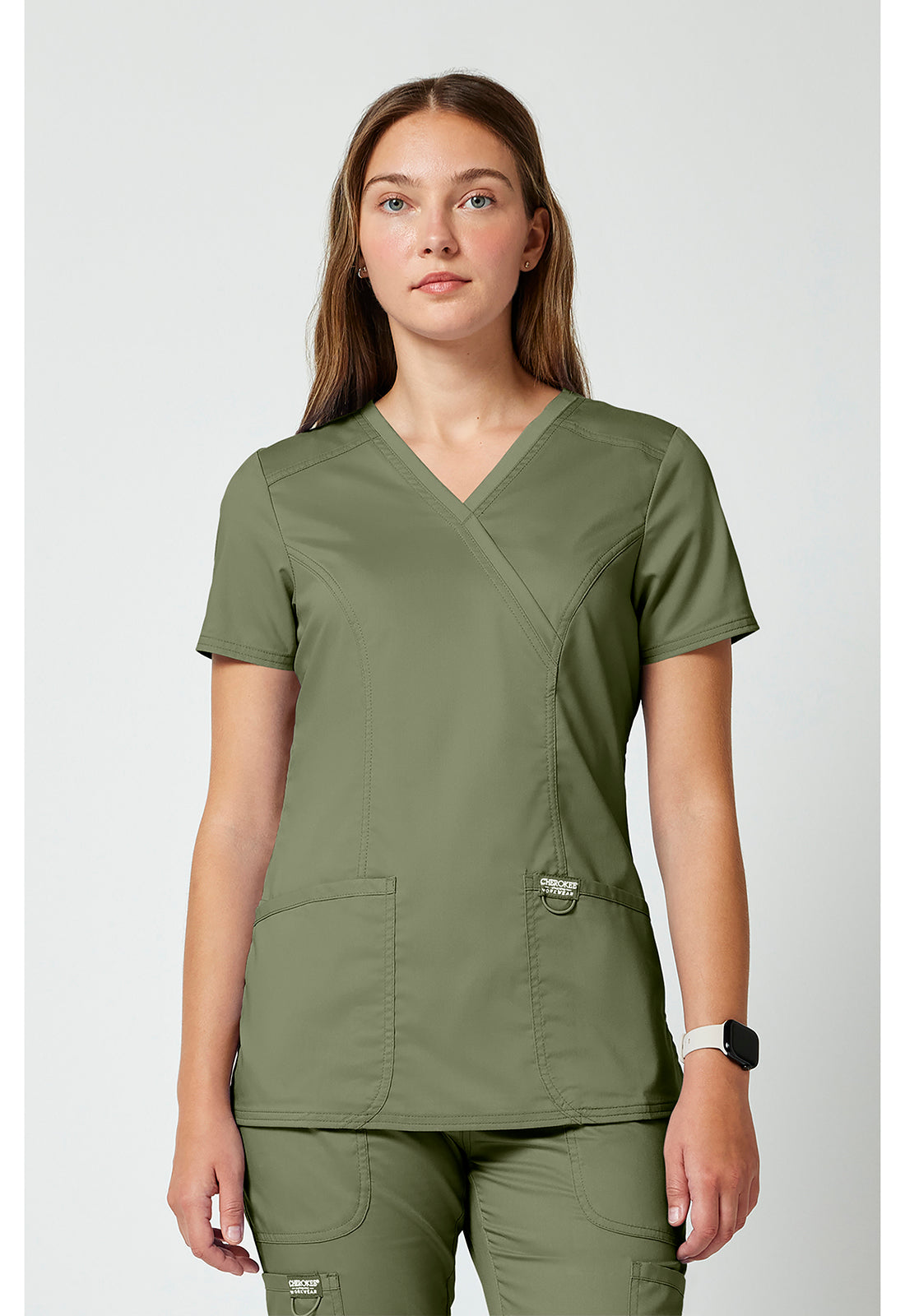 Cherokee WWE610 Mock Wrap Top - Olive (front)