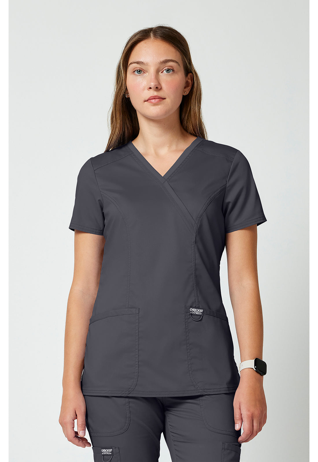 Cherokee WWE610 Mock Wrap Top - Pewter (front)