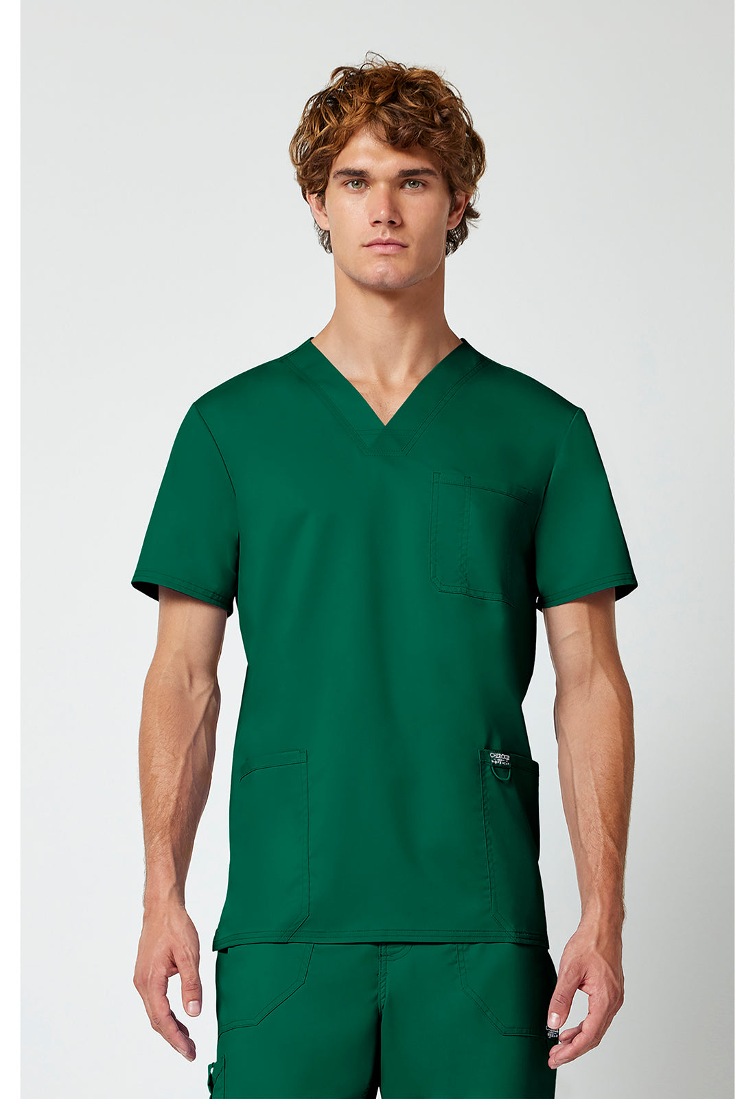 Cherokee WWE670 Men's V-Neck Top - Hunter Green (front)