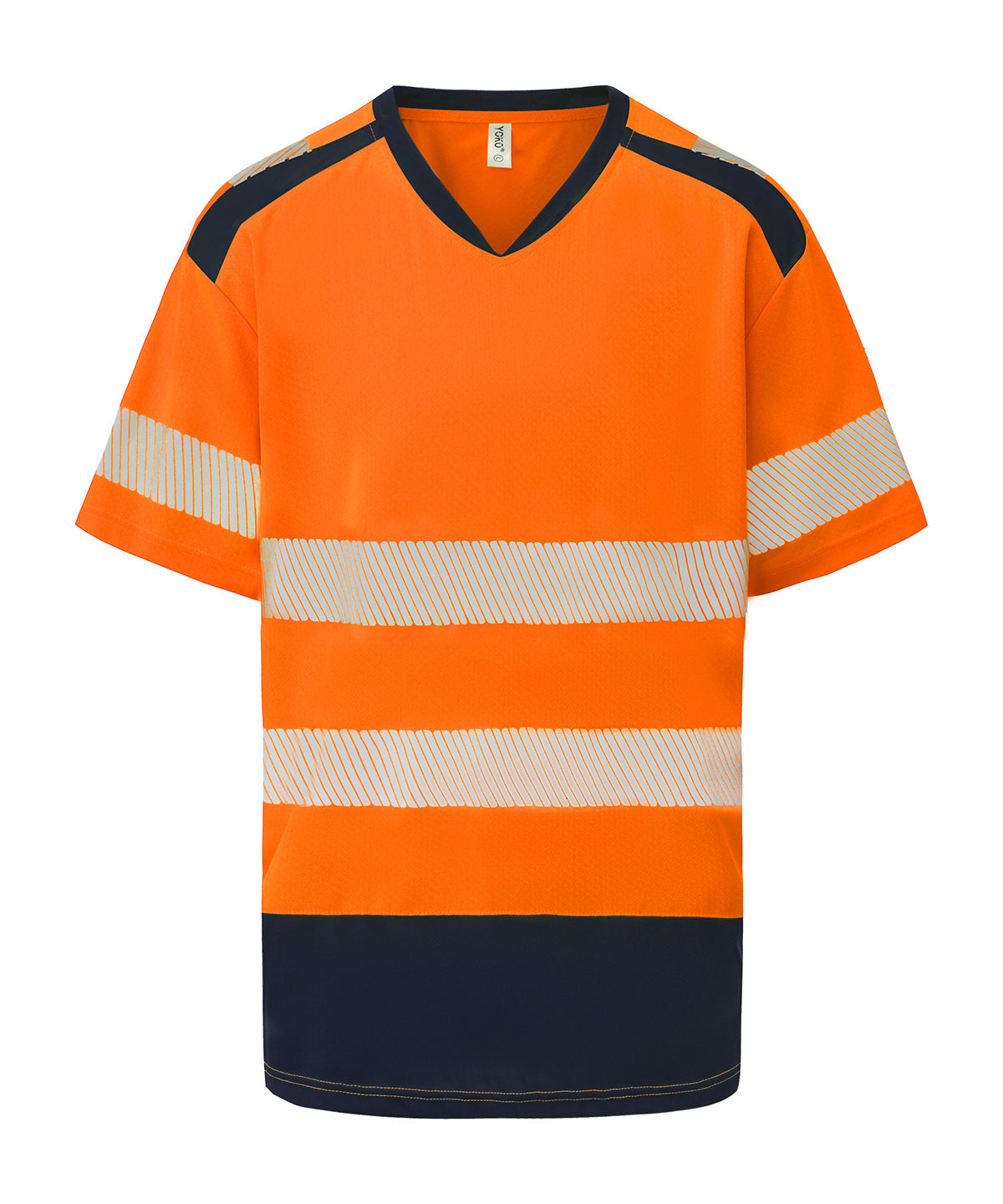 Yoko Hi-vis mandarin collar comfort trim t-shirt in Hi-vis Orange/Navy, front view