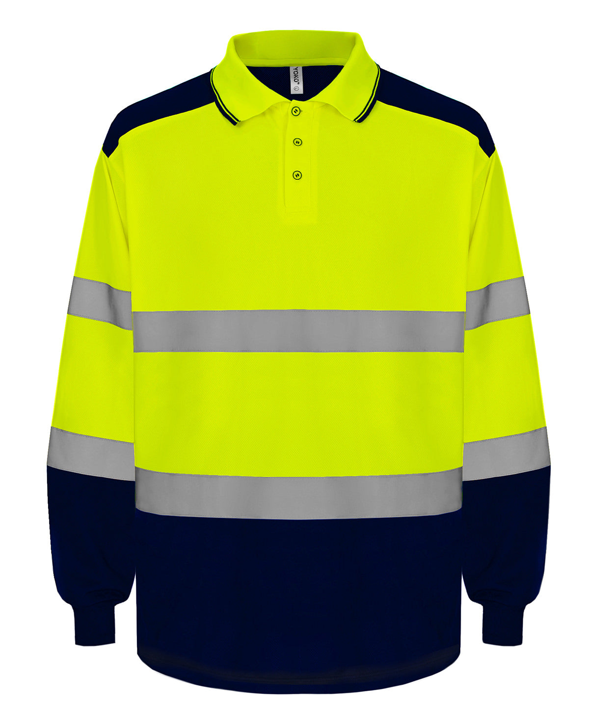 Yoko Hi-vis two-tone long sleeve polo in Hi-vis Yellow/Navy, front view