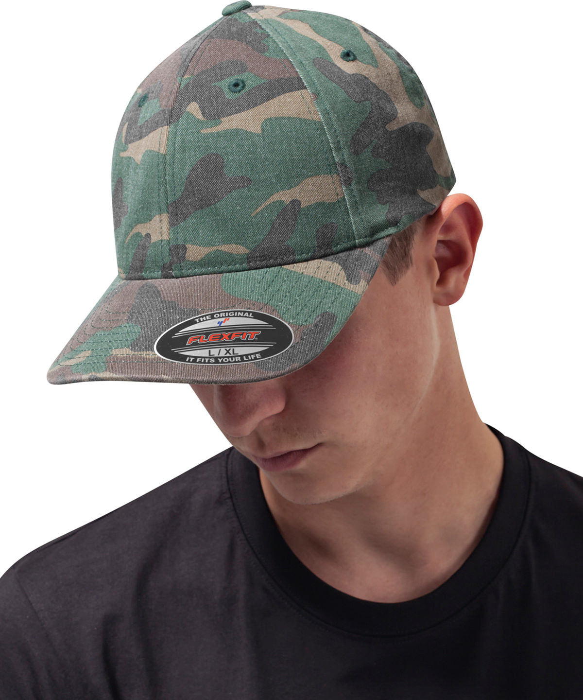Flexfit by Yupoong Flexfit garment washed camo in Green Camo, lifestyle photo