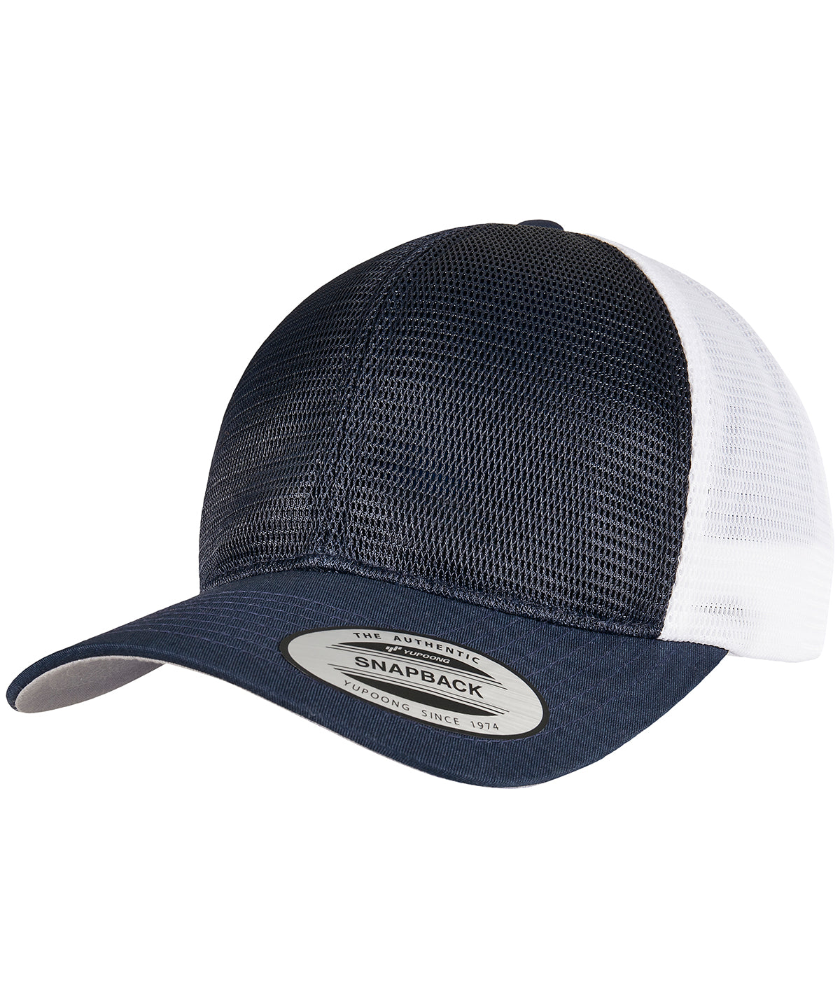 Flexfit by Yupoong 360° omnimesh 2-tone cap in Navy/White, front view