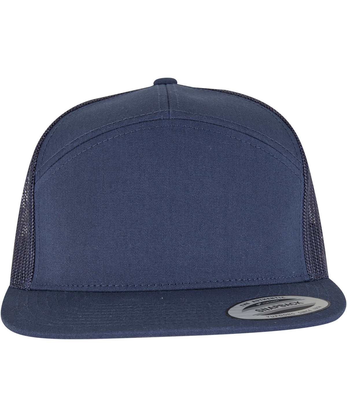 Flexfit by Yupoong 7-panel classic trucker cap in Navy/Navy, front view