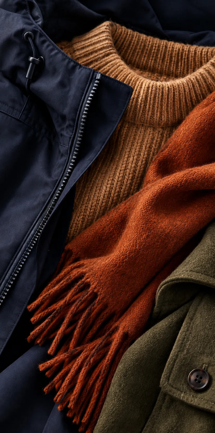 Autumn workwear layers: navy jacket, rust jumper, orange scarf, olive overshirt