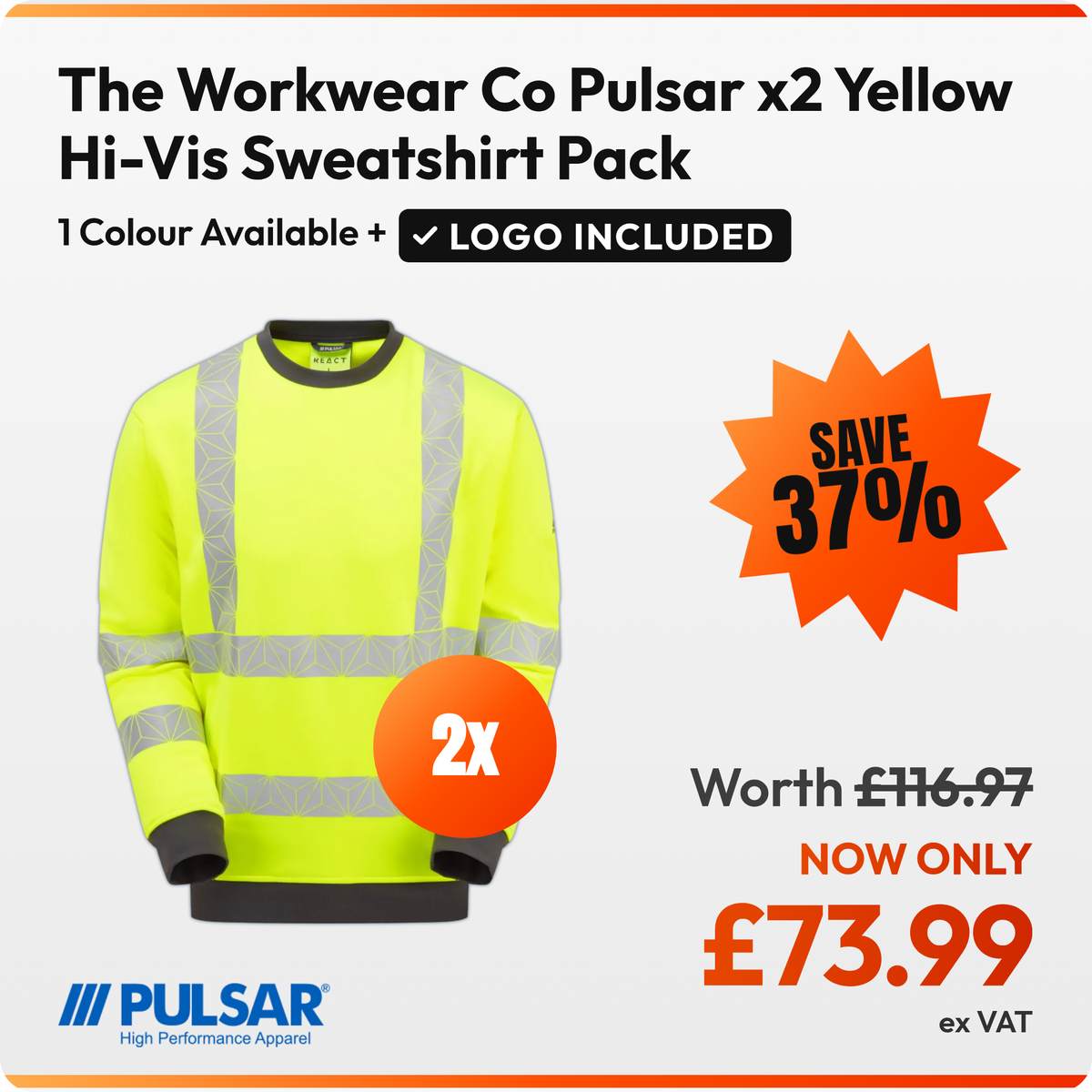 The Workwear Co Pulsar x2 Yellow Hi-Vis Sweatshirt Pack: 2 yellow hi-vis Pulsar React RCT806 sweatshirts. £73.99 ex VAT, logo included in the price