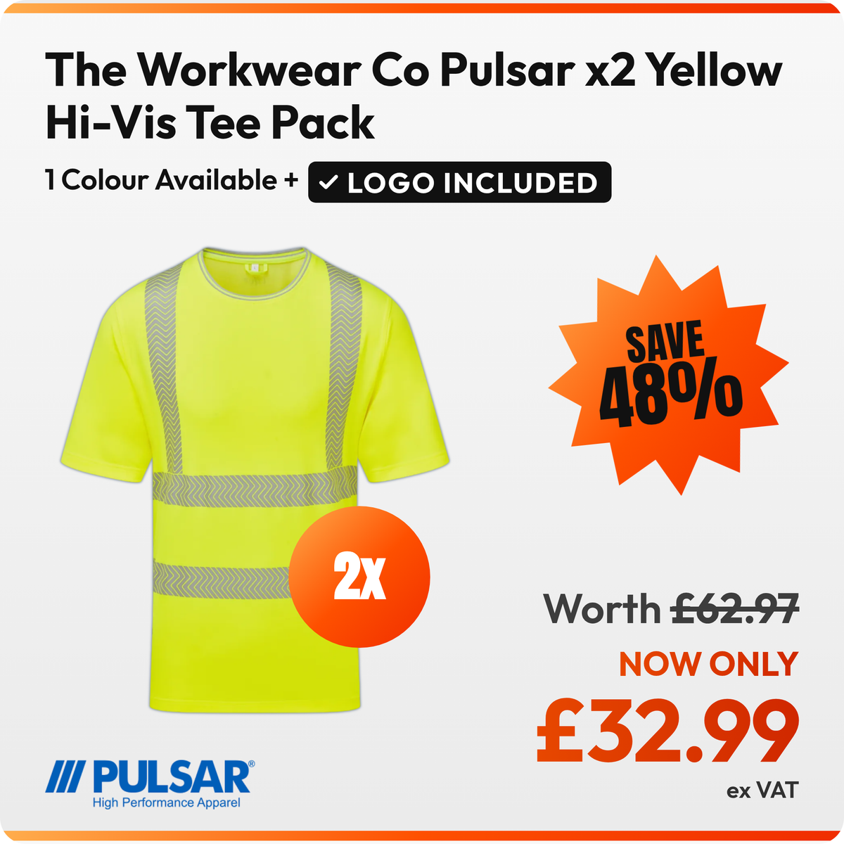 The Workwear Co Pulsar x2 Yellow Hi-Vis Tee Pack: 2 yellow hi-vis Pulsar Life LFE933 t-shirts. £32.99 ex VAT, logo included in the price