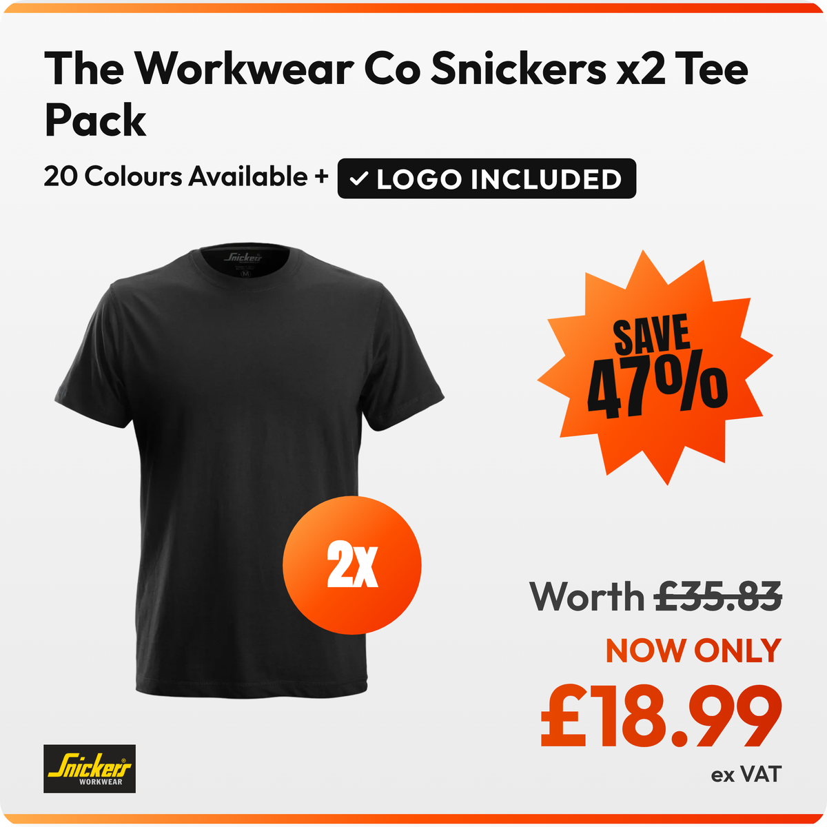 The Workwear Co Snickers x2 Tee Pack: 2 black Snickers 2502 t-shirts. £18.99 ex VAT, logo included in the price