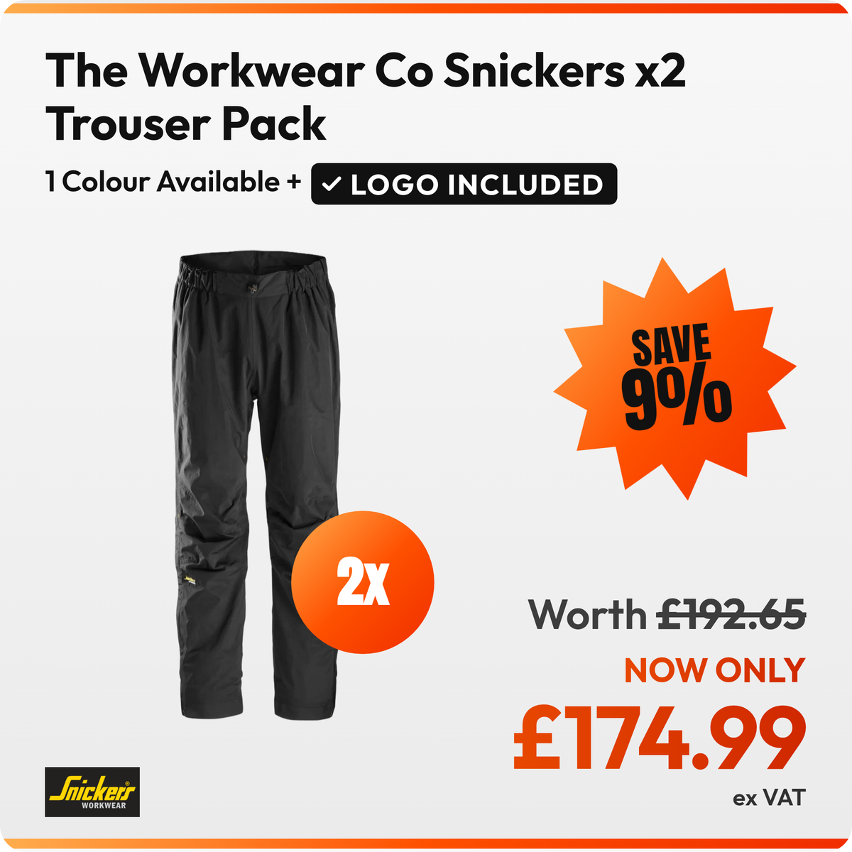 The Workwear Co Snickers x2 Trouser Pack: 2 pairs of black Snickers 6901 AllroundWork waterproof shell trousers. £174.99 ex VAT, logo included in the price