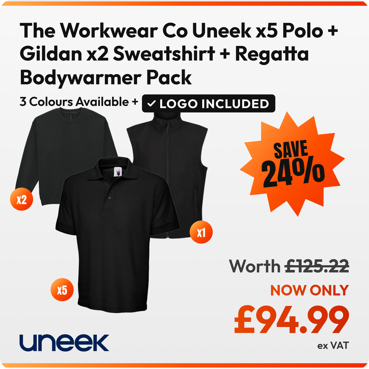 The Workwear Co Uneek x5 Polo + Gildan x2 Sweatshirt + Regatta Bodywarmer Pack: 5 black Uneek UC102 heavyweight polos, 2 black Gildan GD056 sweatshirts, 1 black Regatta TRA820 softshell bodywarmer. £94.99 ex VAT, logo included in the price