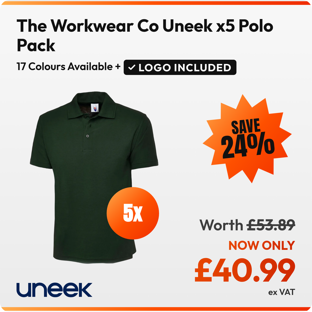The Workwear Co Uneek x5 Polo Pack: 5 bottle green Uneek UC101 polos. £40.99 ex VAT, logo included in the price