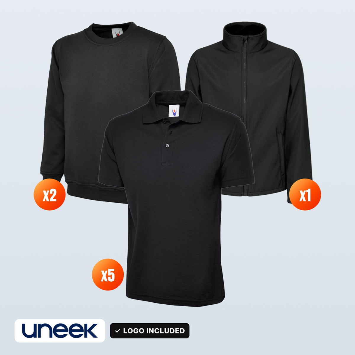 The Workwear Co Uneek x5 Polo + x2 Sweatshirt + Regatta Softshell Pack – logo included in the price