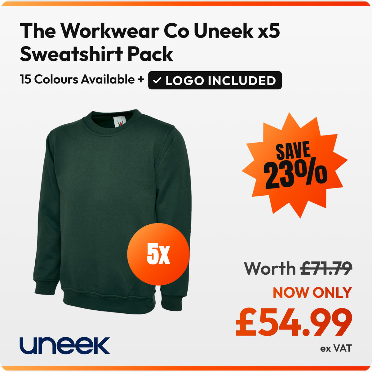 The Workwear Co Uneek x5 Sweatshirt Pack: 5 bottle green Uneek UC203 sweatshirts. £54.99 ex VAT, logo included in the price