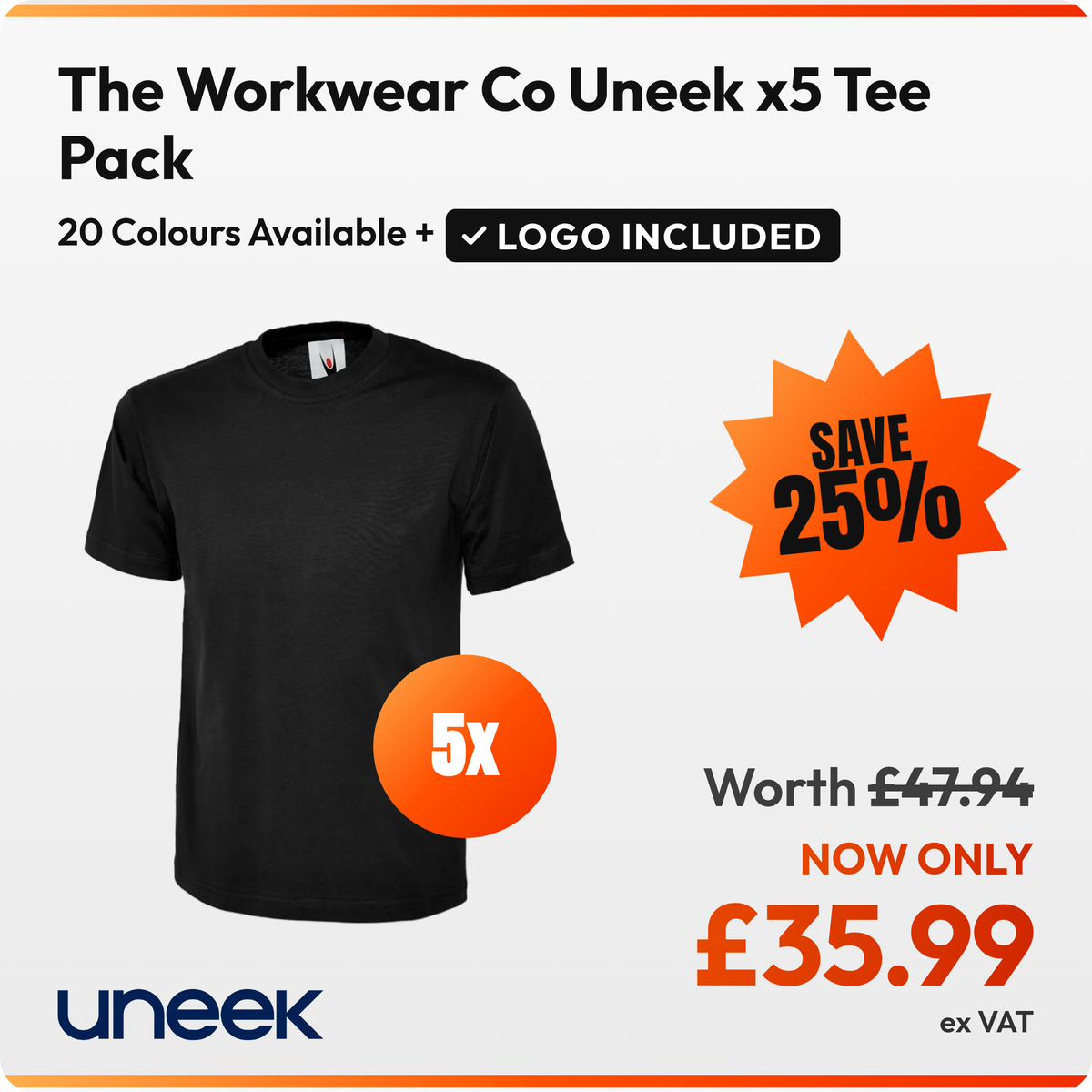 The Workwear Co Uneek x5 Tee Pack: 5 black Uneek UC301 t-shirts. £35.99 ex VAT, logo included in the price