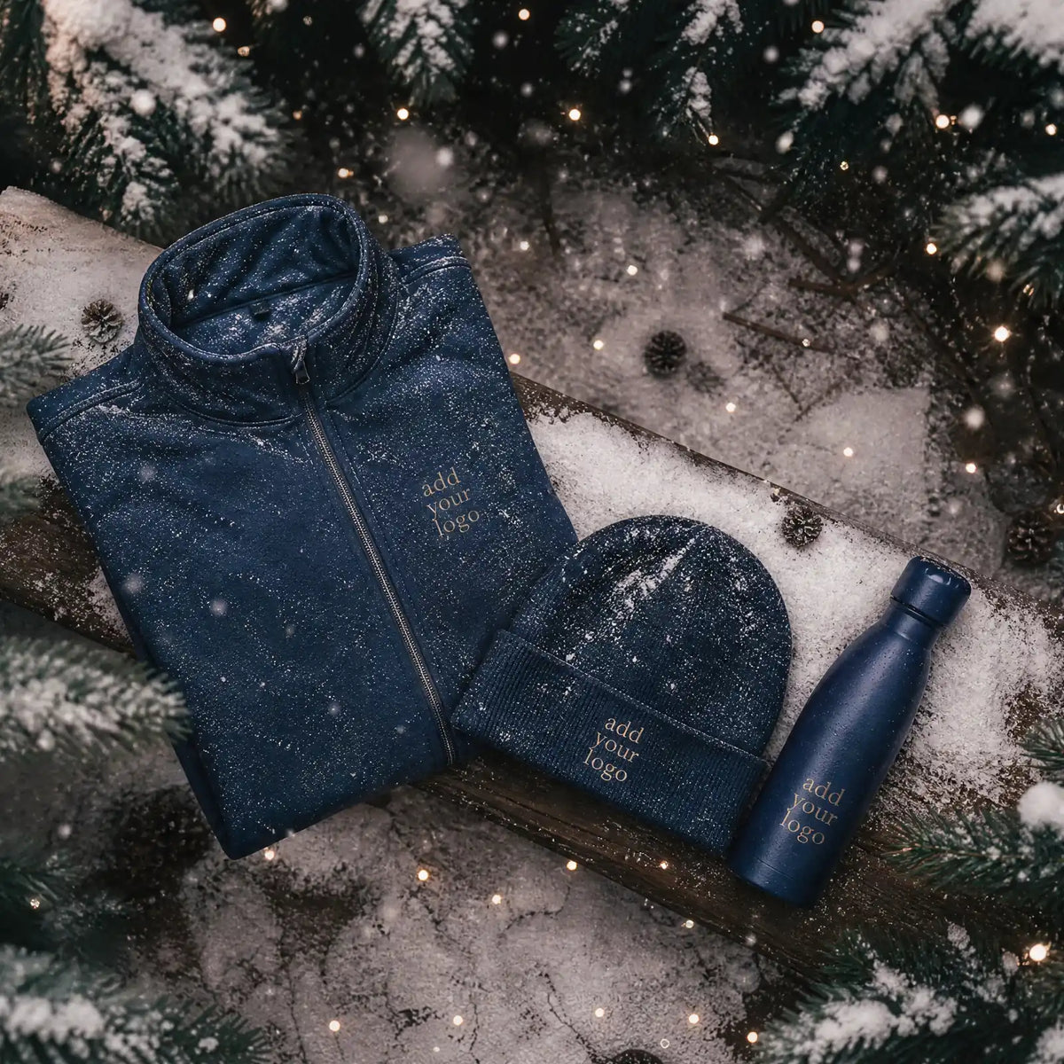 Branded Christmas workwear gifts: custom logo softshell jacket, beanie and water bottle in snow