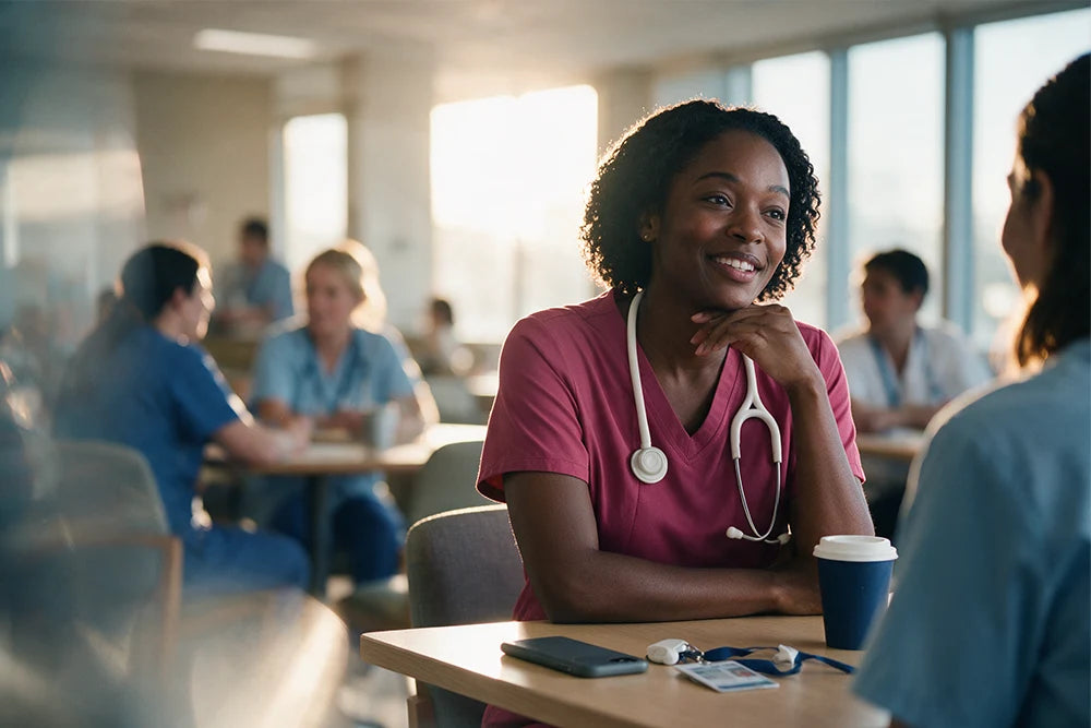 Nurse in pink Cherokee-style scrubs with a stethoscope in a hospital staff room