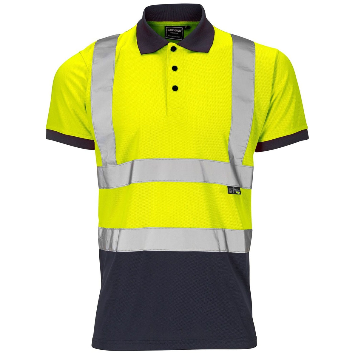 The Workwear Company Hi Vis Reflective 2 Tone Polo Shirt Yellow/Navy, front view