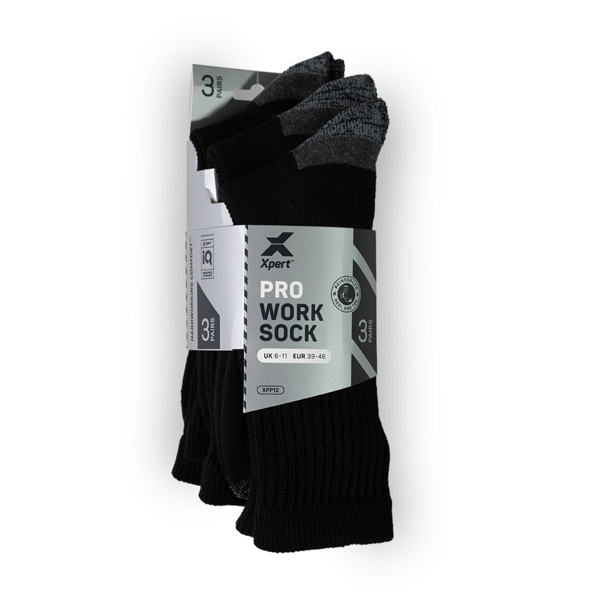 Xpert Pro Active Work Sock 3 Pack Black, front view
