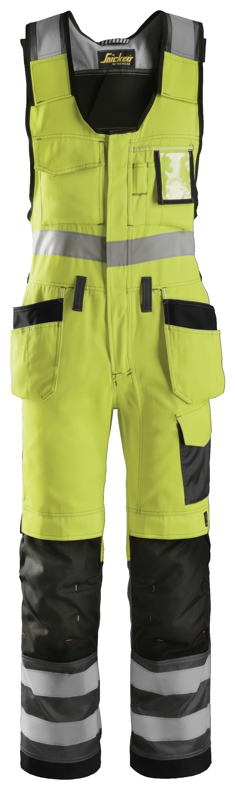 Snickers Workwear High-Vis One-piece Trousers Holster Pockets Class 2 in Hi-Vis Yellow/Muted Black