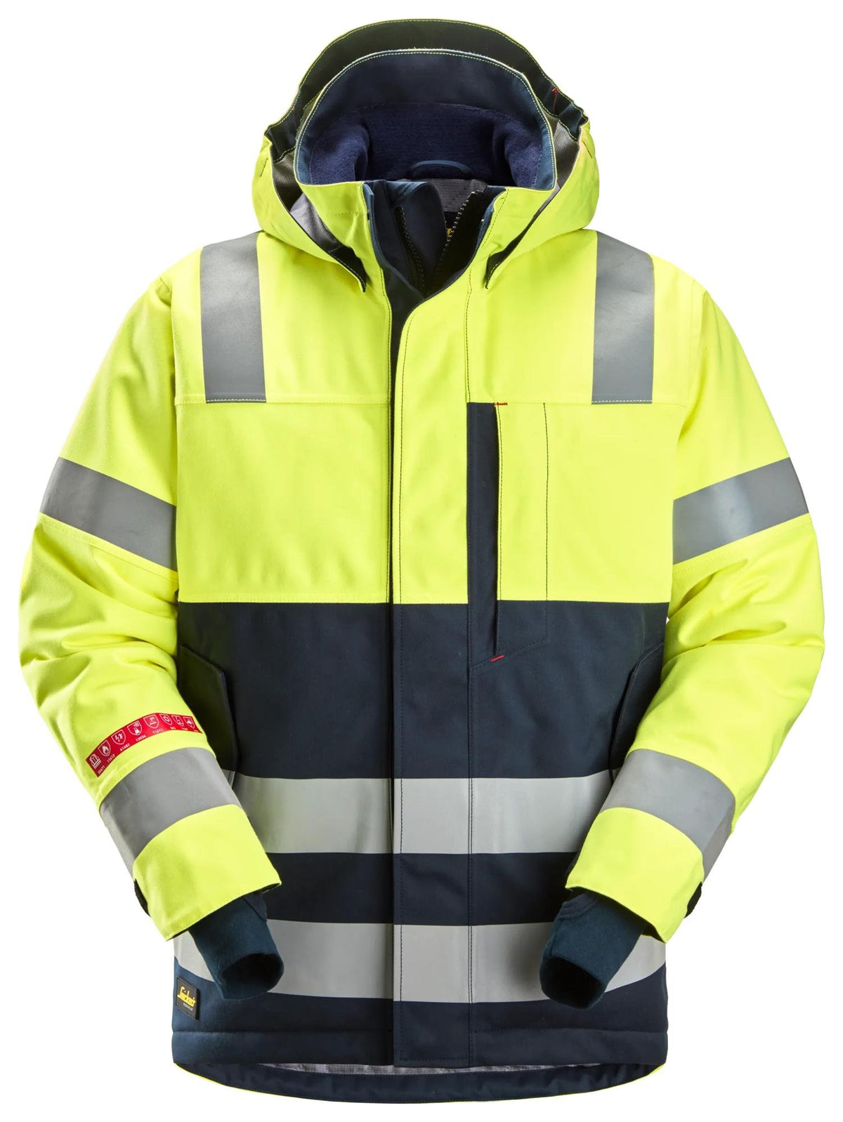 Snickers Workwear ProtecWork, Waterproof Insulated Hood Jacket, High-Vis Class 3 in Hi-Vis Yellow/Navy