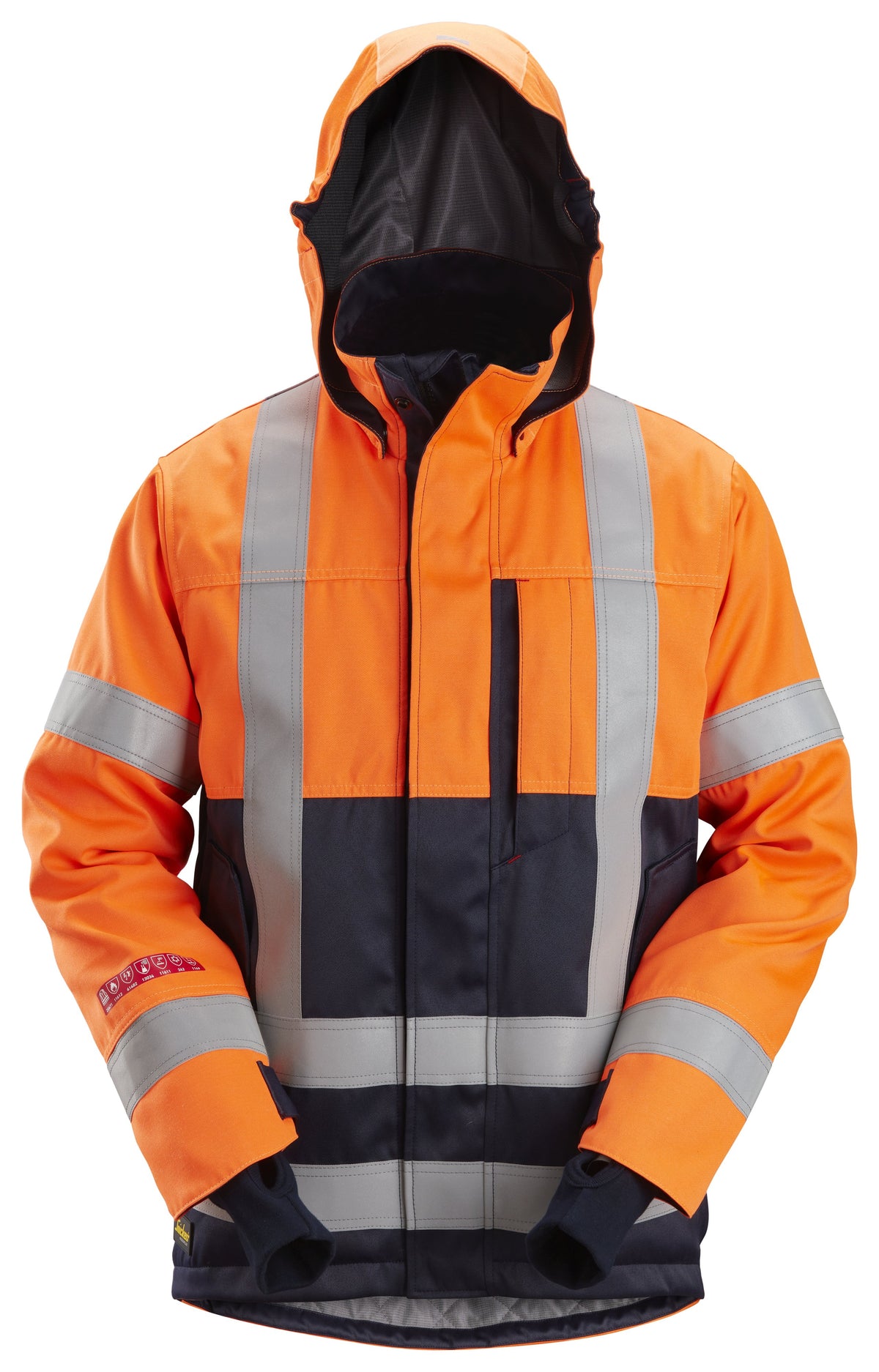 Snickers Workwear ProtecWork, Insulated Hood Jacket, High-Vis Class 3 in Hi-Vis Orange/Navy