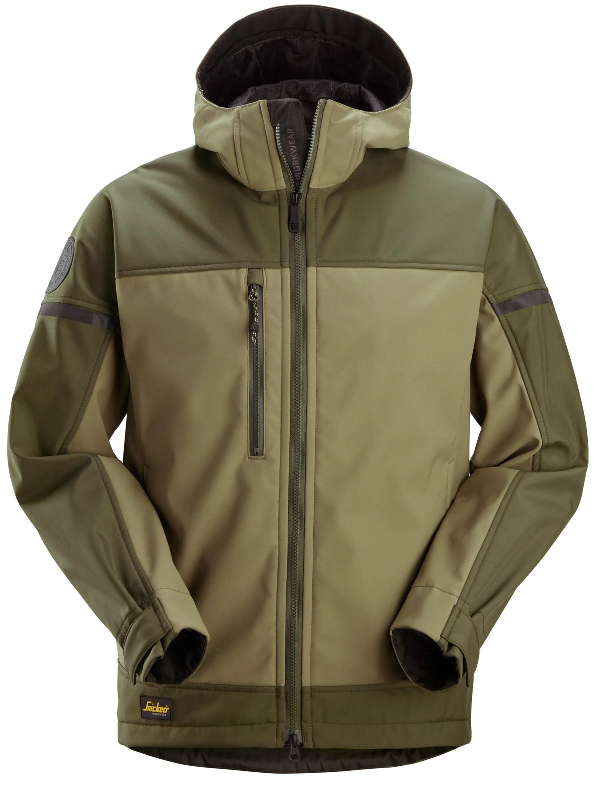 Snickers Workwear AllroundWork, Hooded Softshell Stretch Jacket in Khaki Green/Dark Khaki Green
