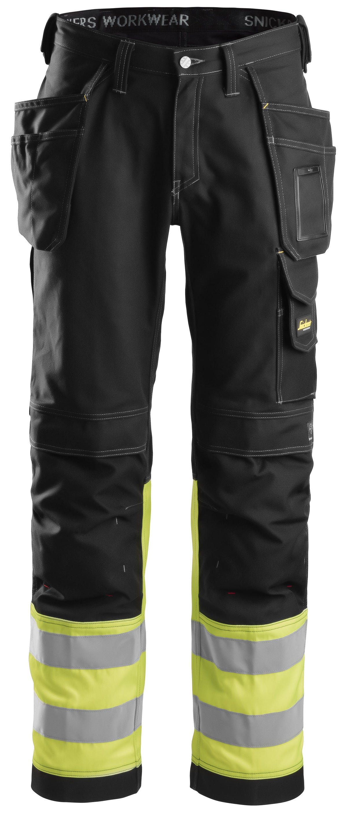 Snickers Workwear High-Vis Class 1, Cotton Trousers Holster Pockets in Black/Hi-Vis Yellow