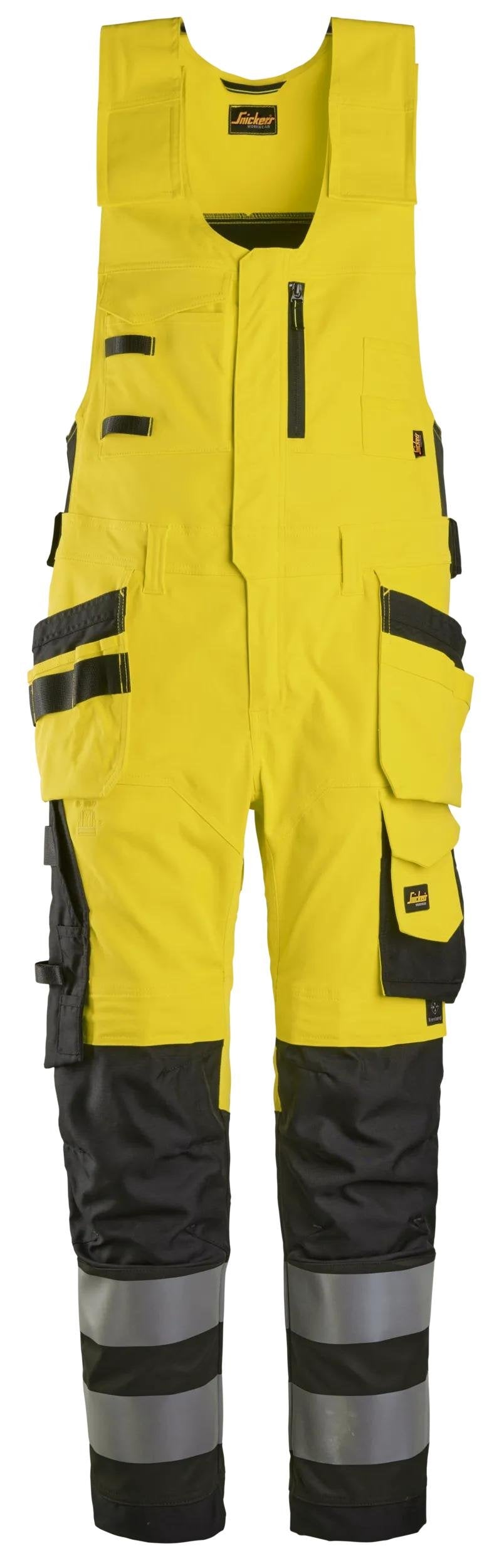 Snickers Workwear High-Vis Class 2, One-piece Trousers Holster Pockets in Hi-Vis Yellow/Black
