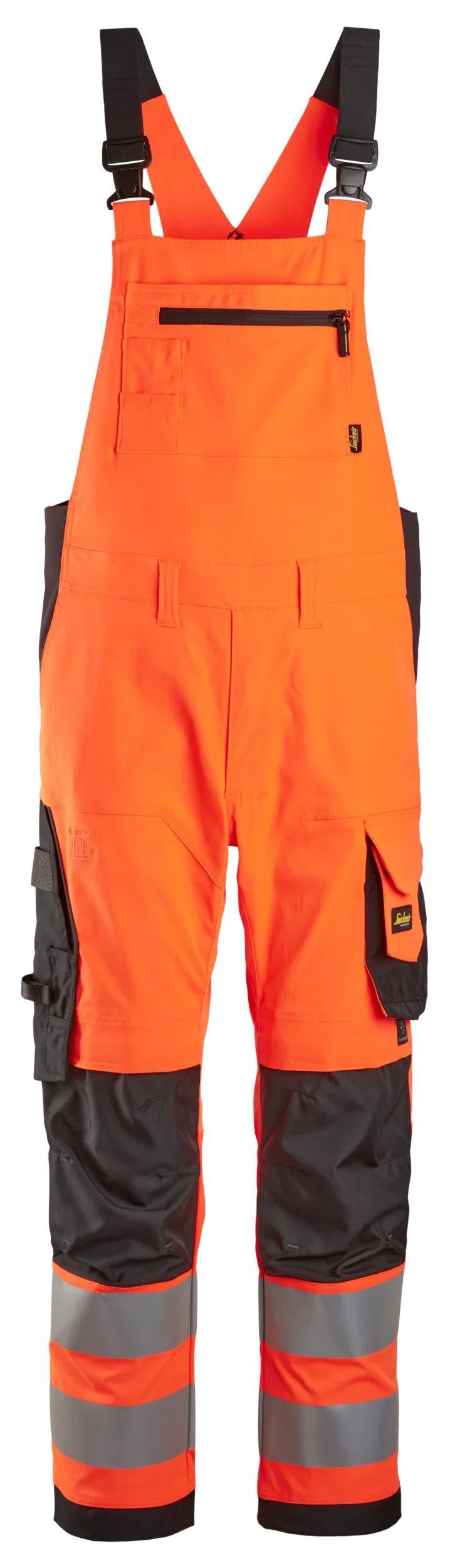Snickers Workwear High-Vis Class 2, Bib & Brace Trousers in Hi-Vis Orange/Black