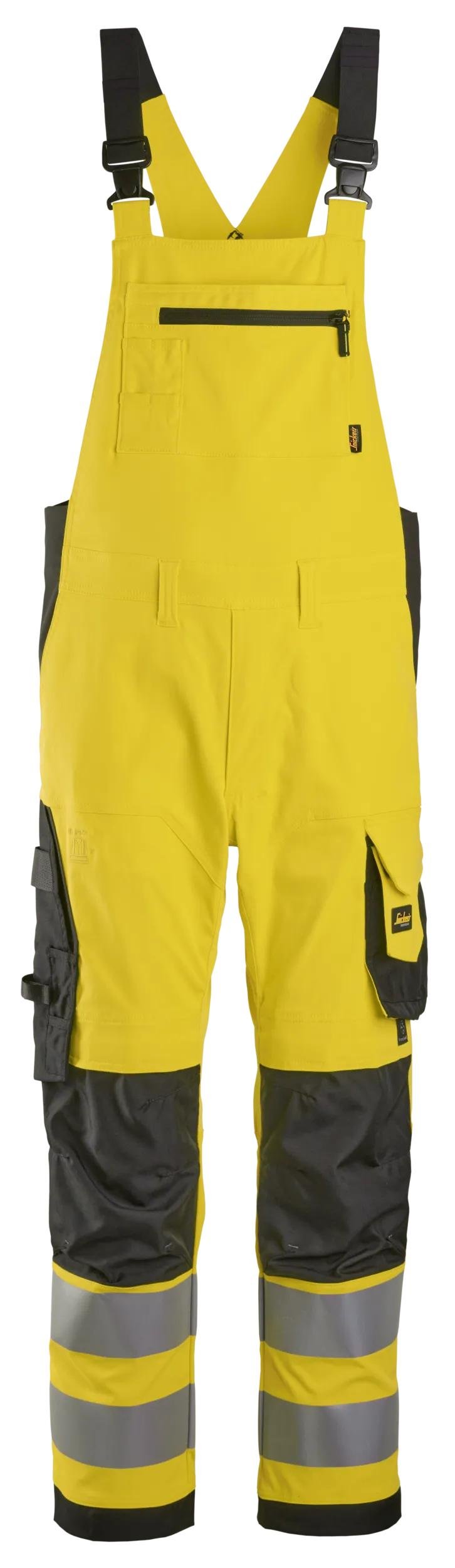 Snickers Workwear High-Vis Class 2, Bib & Brace Trousers in Hi-Vis Yellow/Black