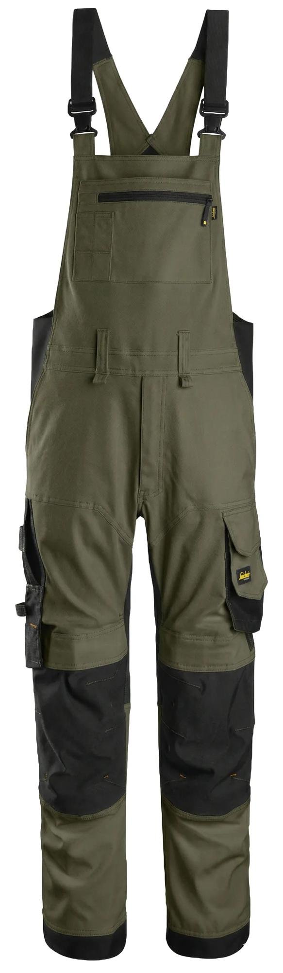 Snickers Workwear AllroundWork, Stretch Bib & Brace Trousers in Khaki Green/Black