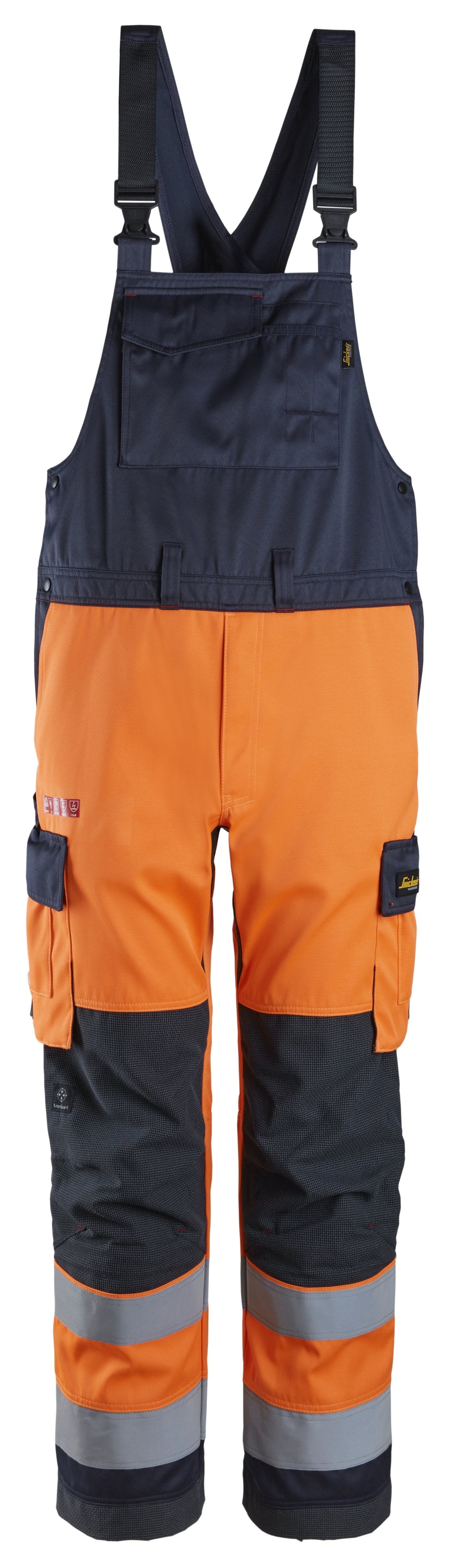 Snickers Workwear ProtecWork, Bib & Brace Trousers, High-Vis Class 2 in Hi-Vis Orange/Navy
