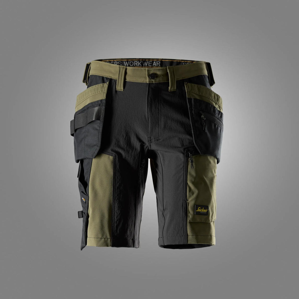 Snickers Workwear AllroundWork, Stretch Shorts Holster Pockets in Khaki Green/Black