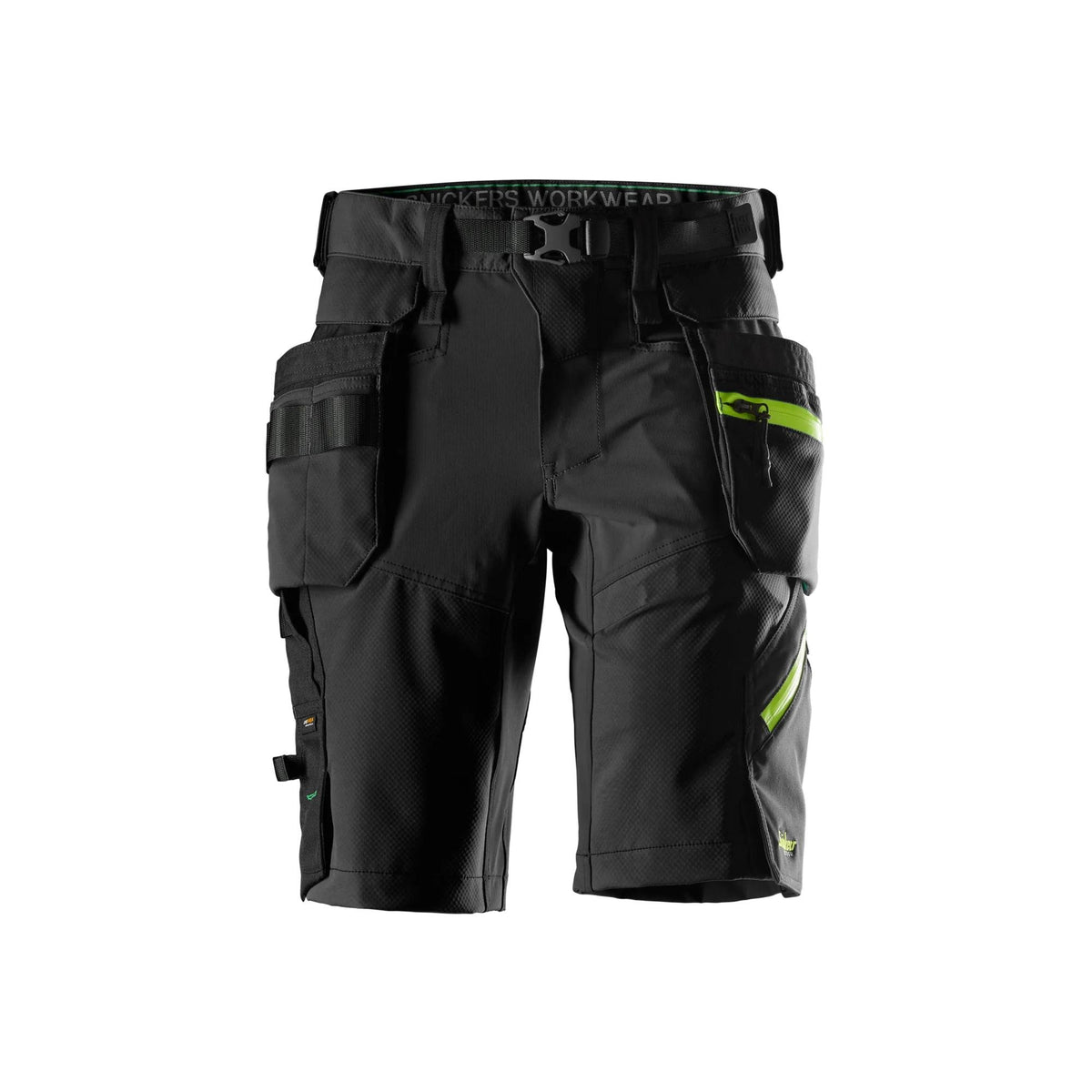 Snickers Workwear FlexiWork, SoftShell Short Detachacble Holster Pockets in Black/Neon Yellow