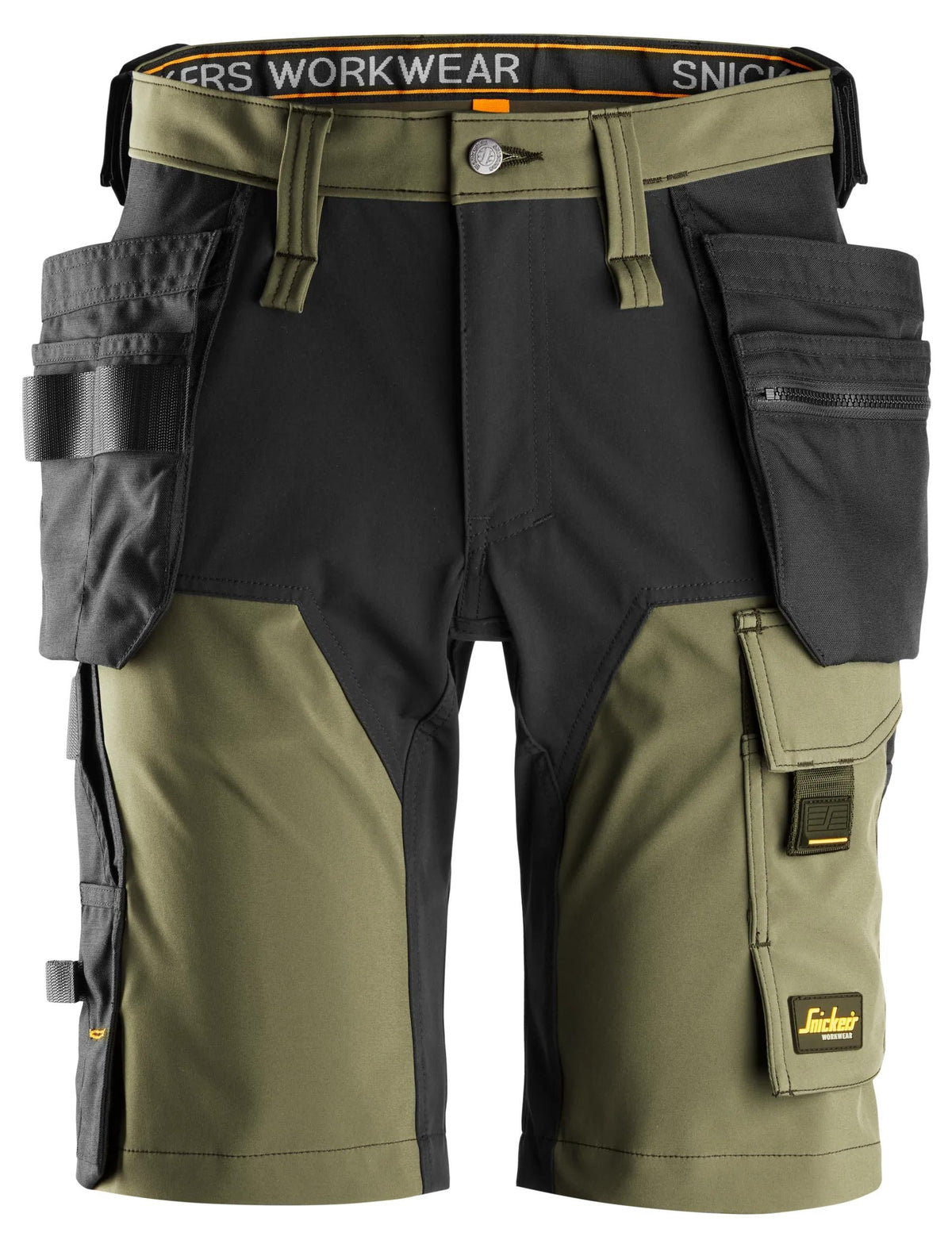 Snickers Workwear AllroundWork, 4-Way Stretch Shorts Holster Pockets in Khaki Green/Black