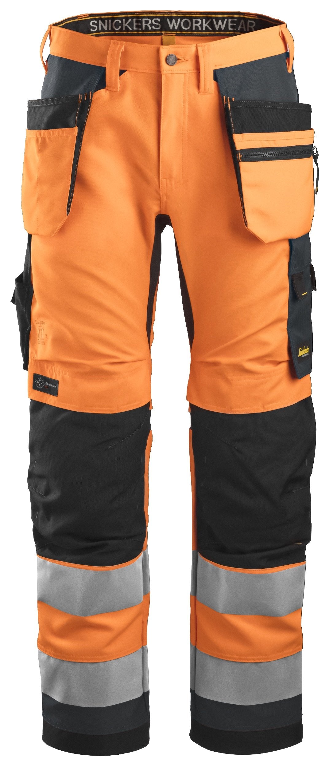 Snickers Workwear High-Vis Class 2, Work Trousers+ Holster Pockets in Hi-Vis Orange/Steel Grey