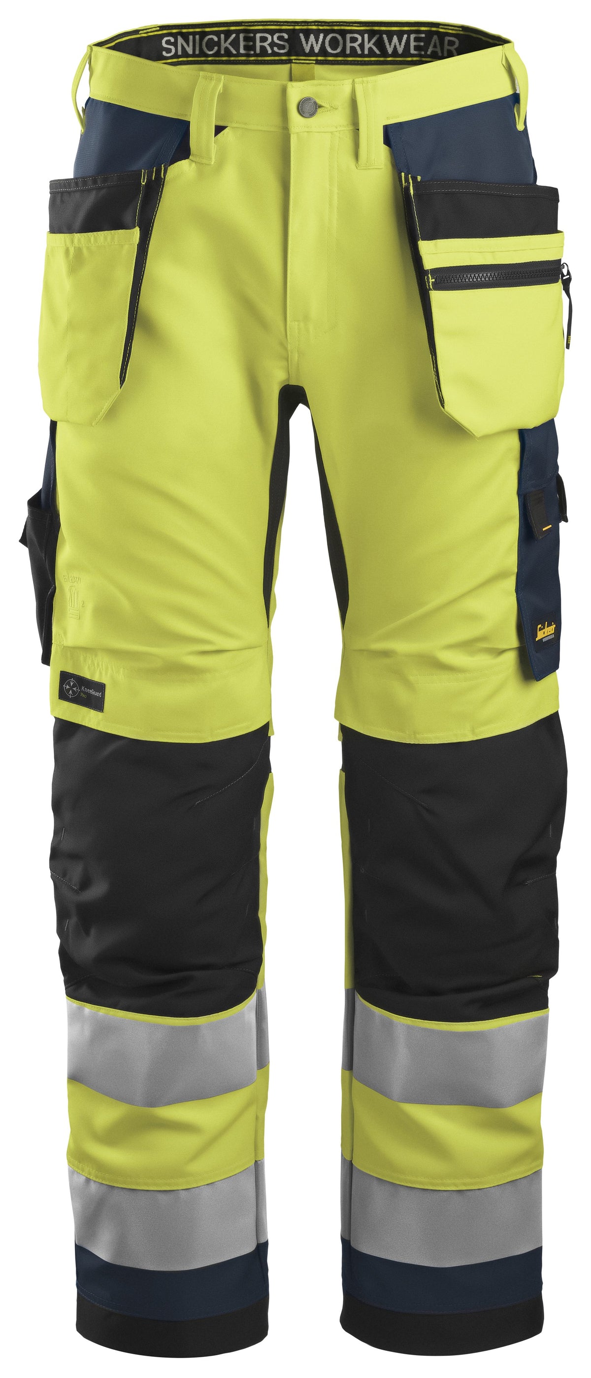 Snickers Workwear High-Vis Class 2, Work Trousers+ Holster Pockets in Hi-Vis Yellow/Navy