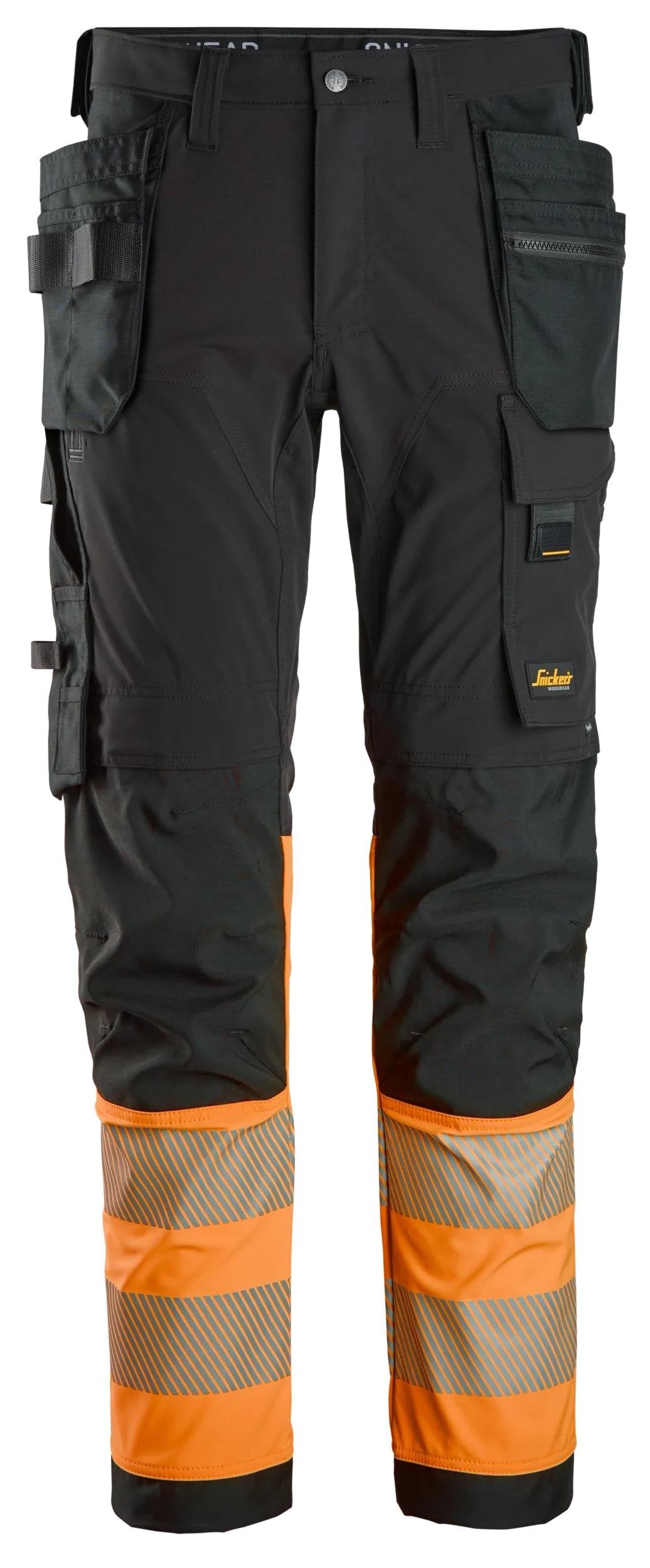 Snickers Workwear High-Vis Class 1, 4-way Stretch Trousers Holster Pockets in Black/Hi-Vis Orange