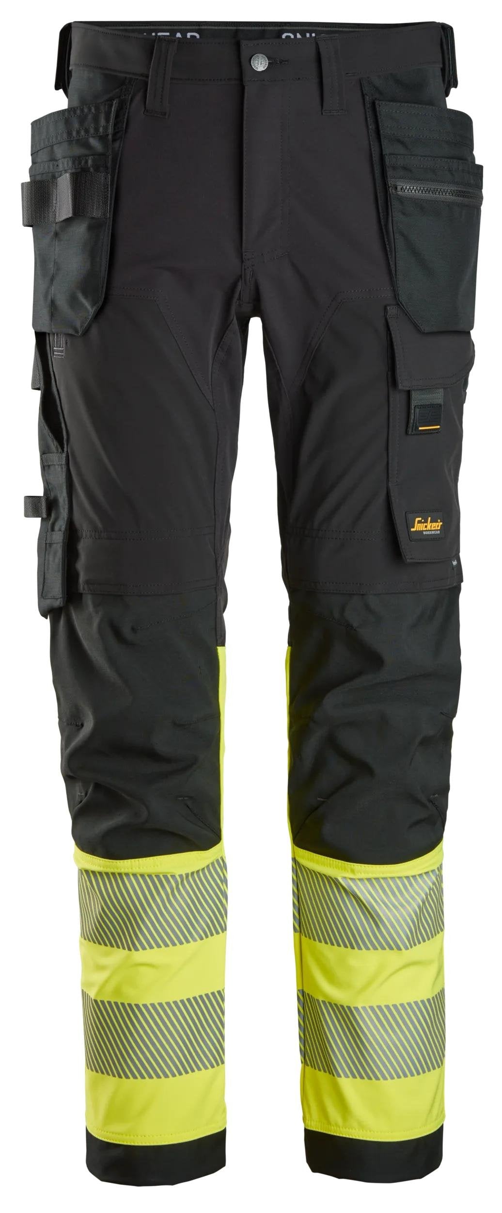 Snickers Workwear High-Vis Class 1, 4-way Stretch Trousers Holster Pockets in Black/Hi-Vis Yellow