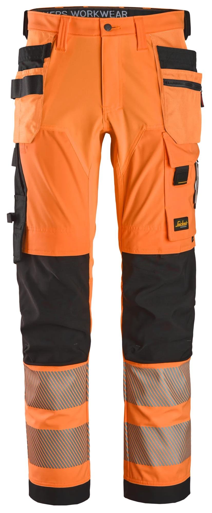 Snickers Workwear High-Vis Class 2, 4-way Stretch Trousers Holster Pockets in Hi-Vis Orange/Black
