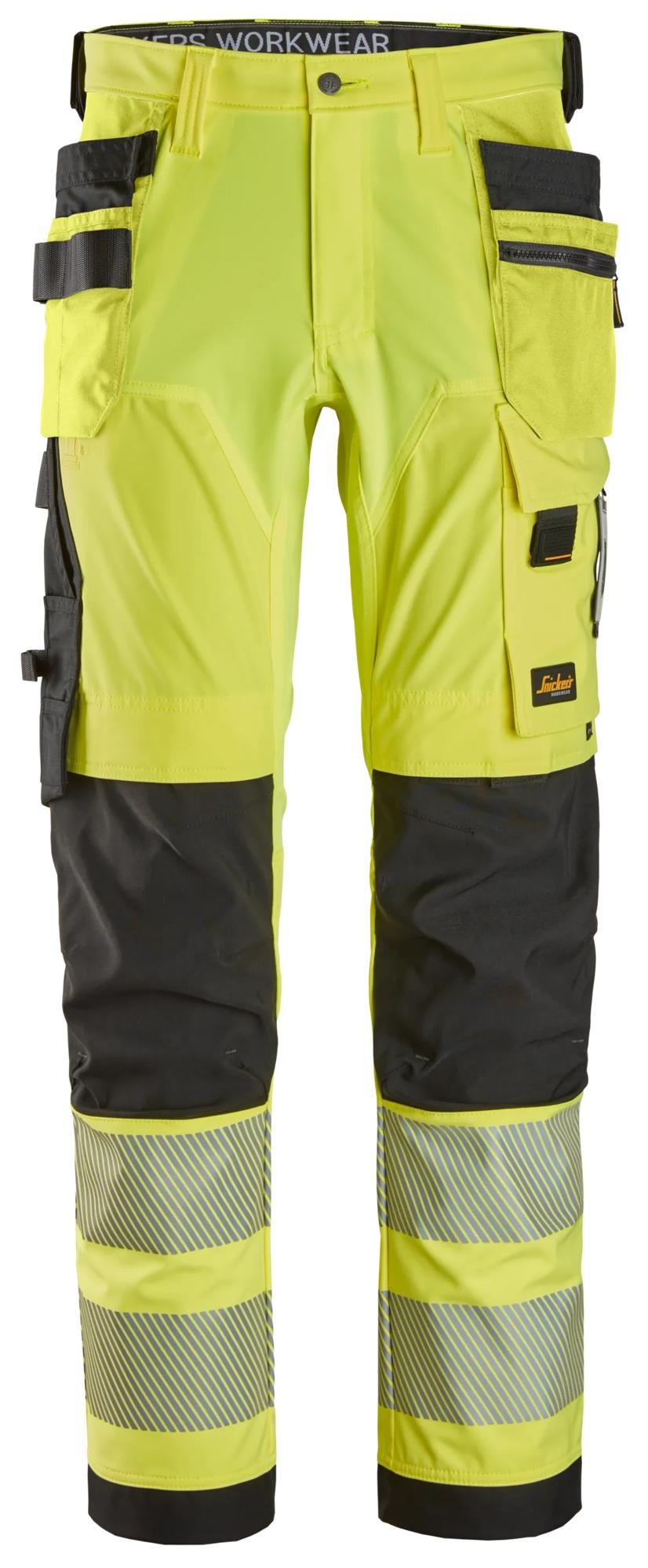 Snickers Workwear High-Vis Class 2, 4-way Stretch Trousers Holster Pockets in Hi-Vis Yellow/Black
